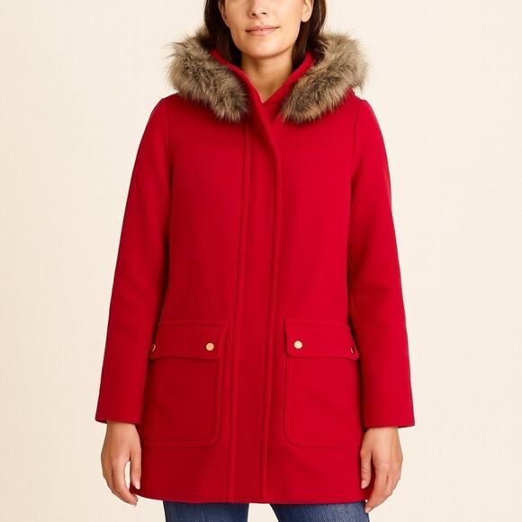 J Crew Vail Parka Coat Electric Red Wool Blend Faux Fur Trim - Picture 1 of 8
